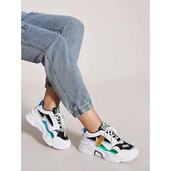 Letter Patch Decor Holographic Lace-Up Front Sneakers
