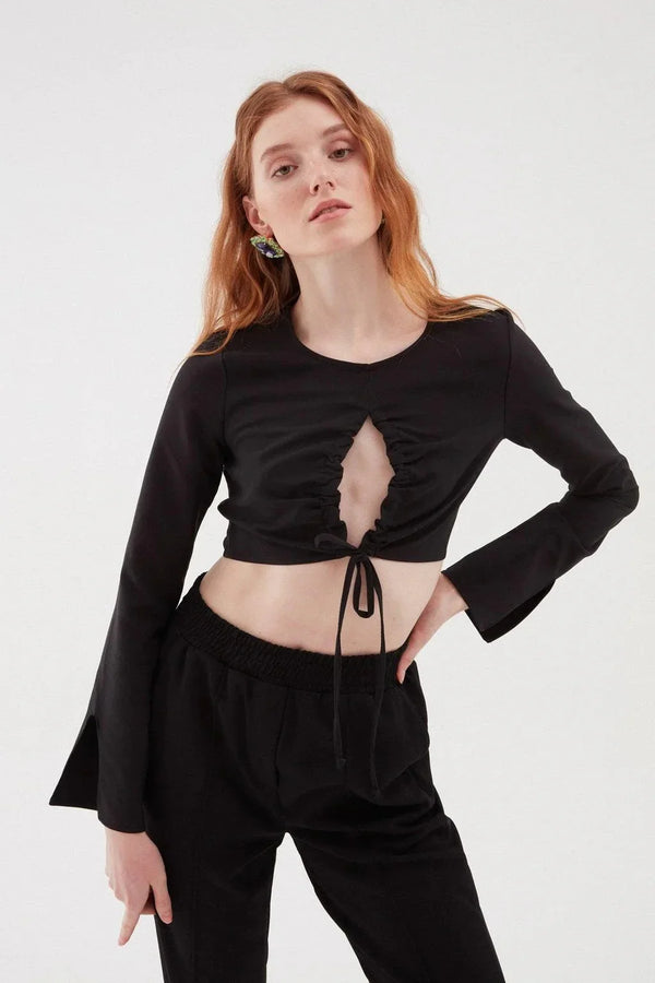 H&M Pleated Crop Blouse Black - BEAUTY BAR