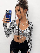 Crop Top With Waves Print And Ties Black - BEAUTY BAR